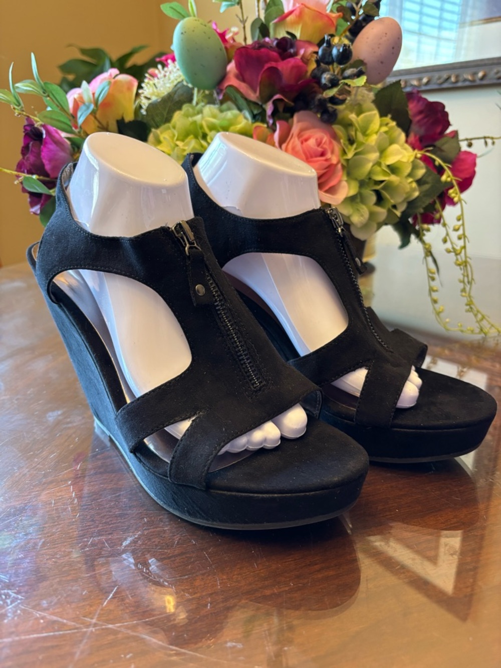 Carlos by Carlos Santana Black Suede Zip Wedge Sandals